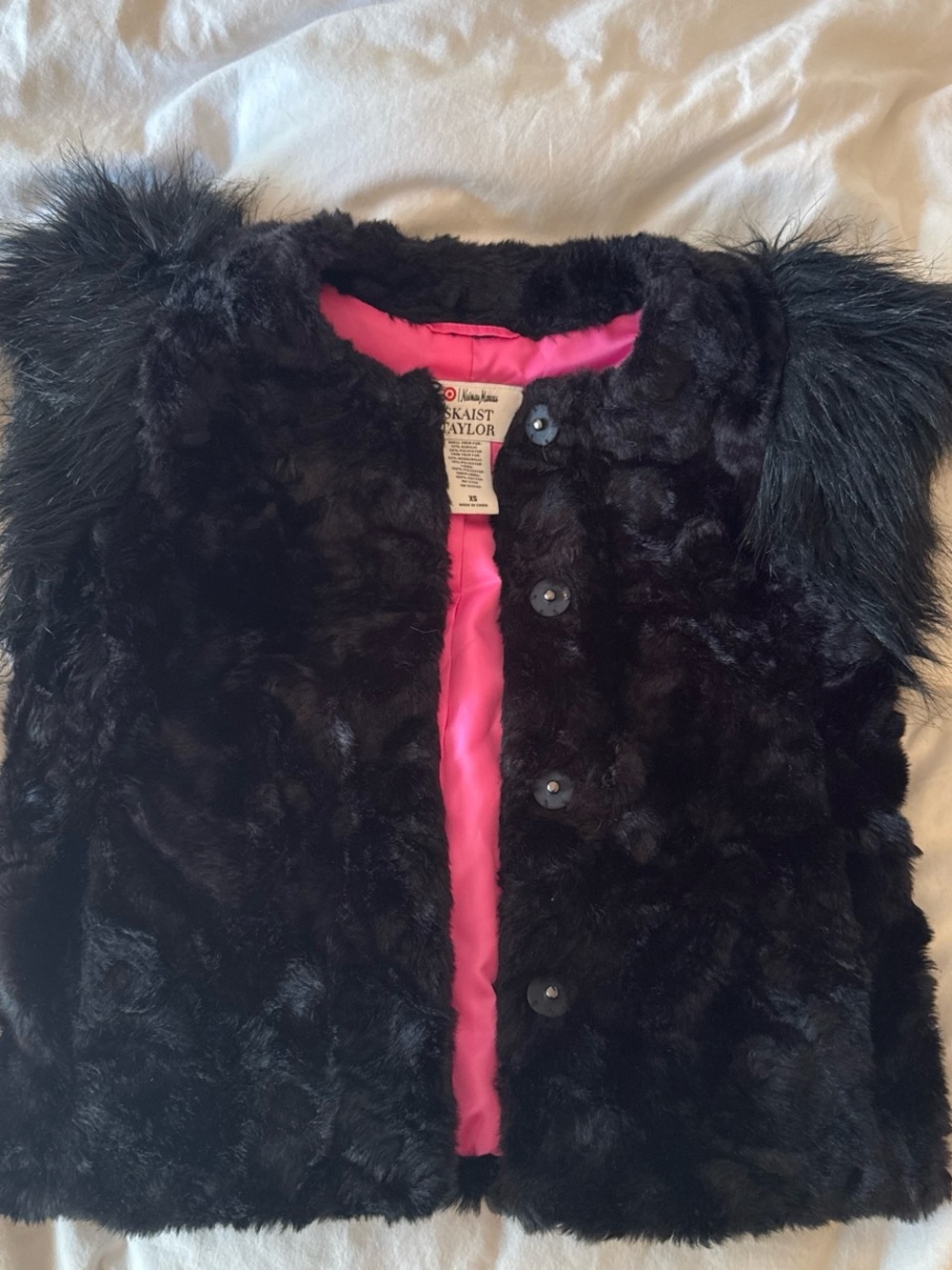 Neiman Marcus Black Faux Fur Vest with Pink Lining